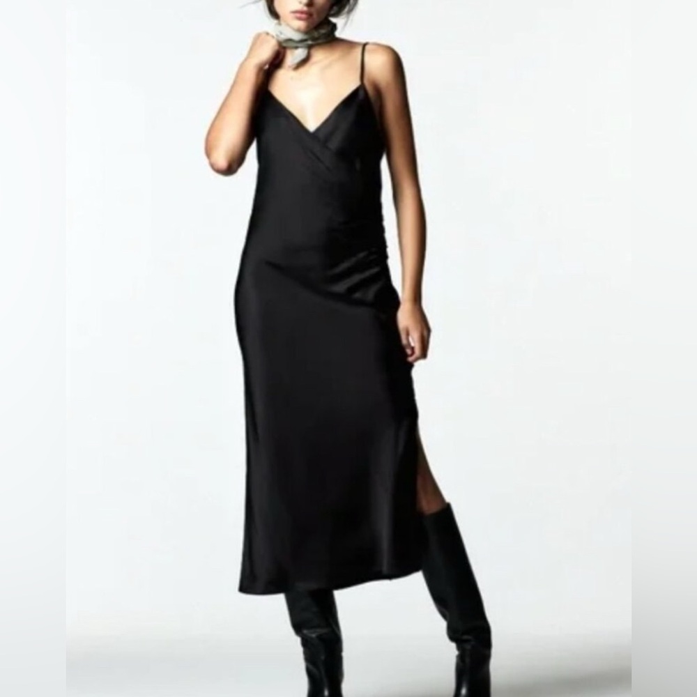 draped black midi camisole slip dress witchy vibes minimalist size medium